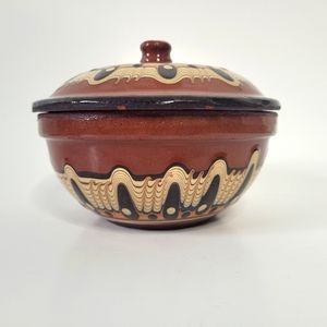 Vintage Bulgarian Troyan redware pottery lidded dish